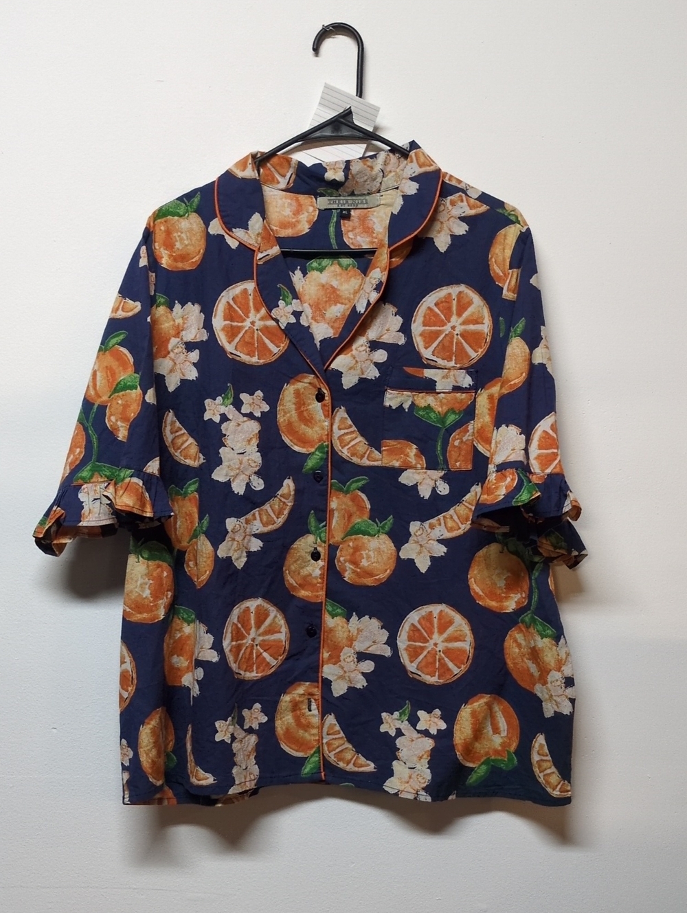 Their Nibs Women's Citrus Orange Blue Pajama Top Ruffled 100% Cotton Size XL